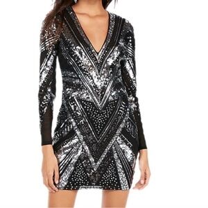 Express Black and Silver Sequin Bodycon Dress V-Neck Mesh Long Sleeve NWT XS